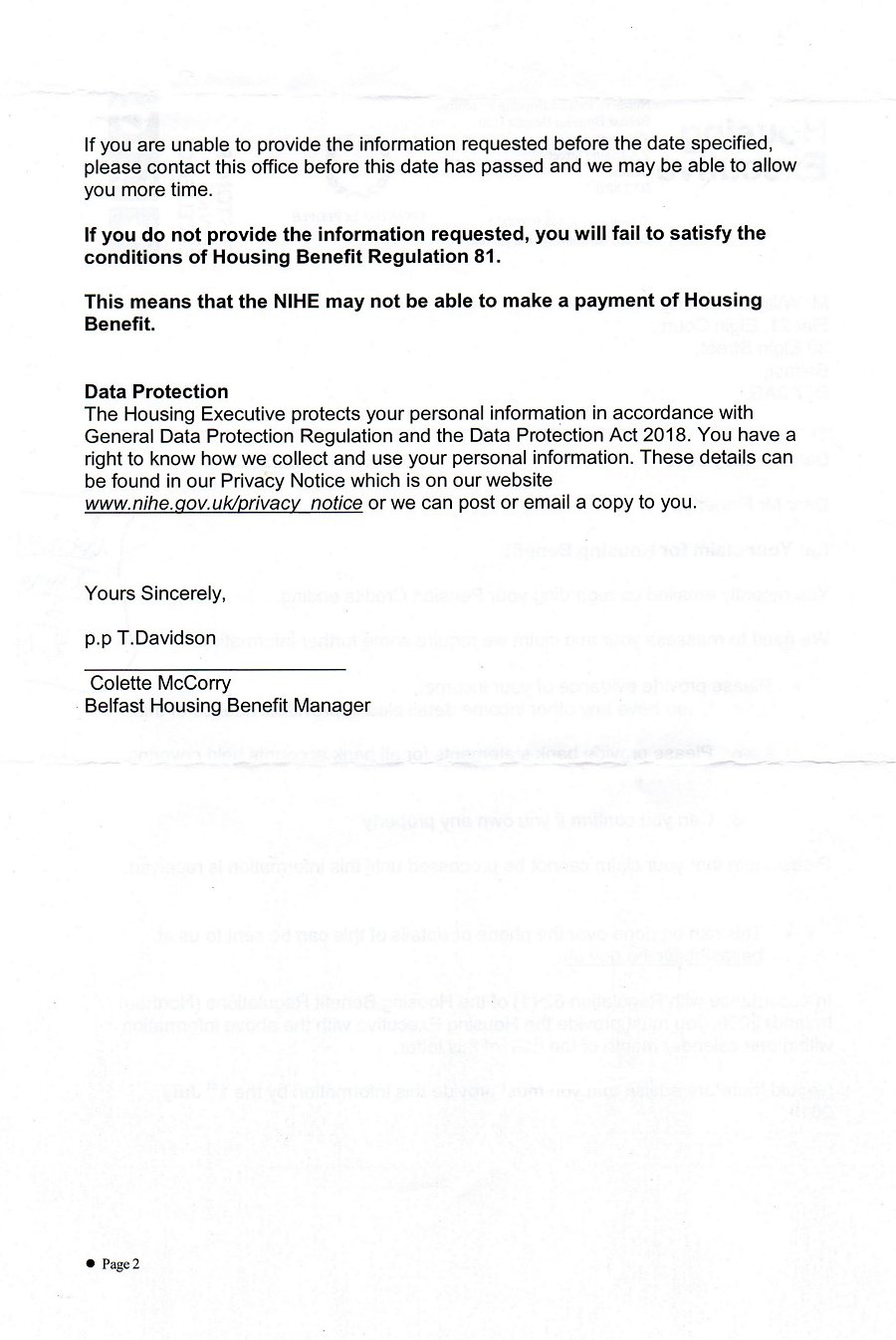 Letter dated May 31 2019 from Belfast Housing Benefit Unit